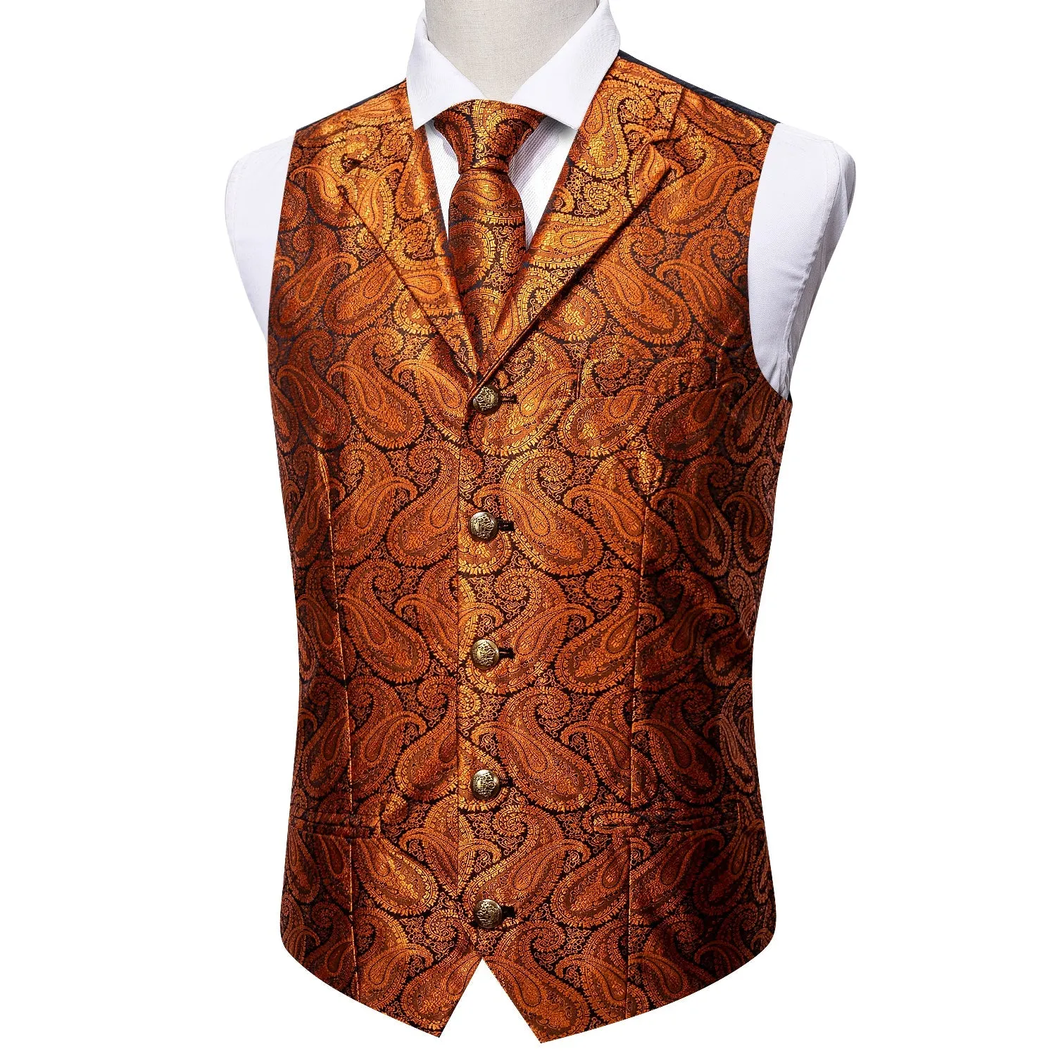 Orange Paisley Metal Button Jacquard Silk Men's Vest Hanky Cufflinks Tie Set