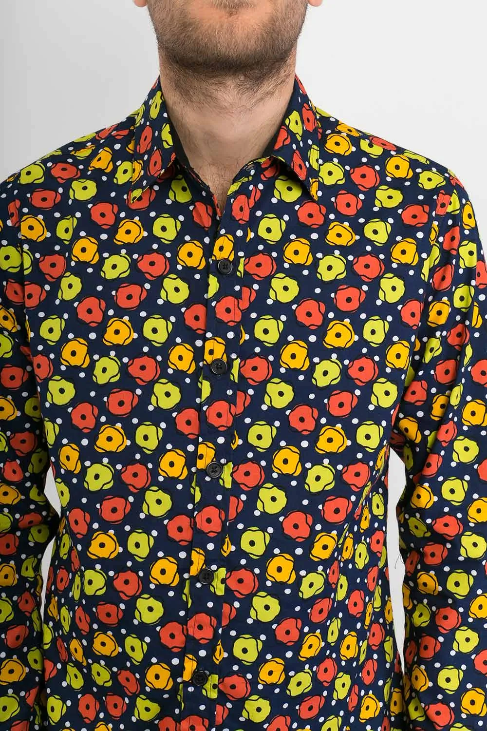 Orange Yellow Green Flower Blue Print Cotton Slim Fit Mens Shirt Long Sleeve