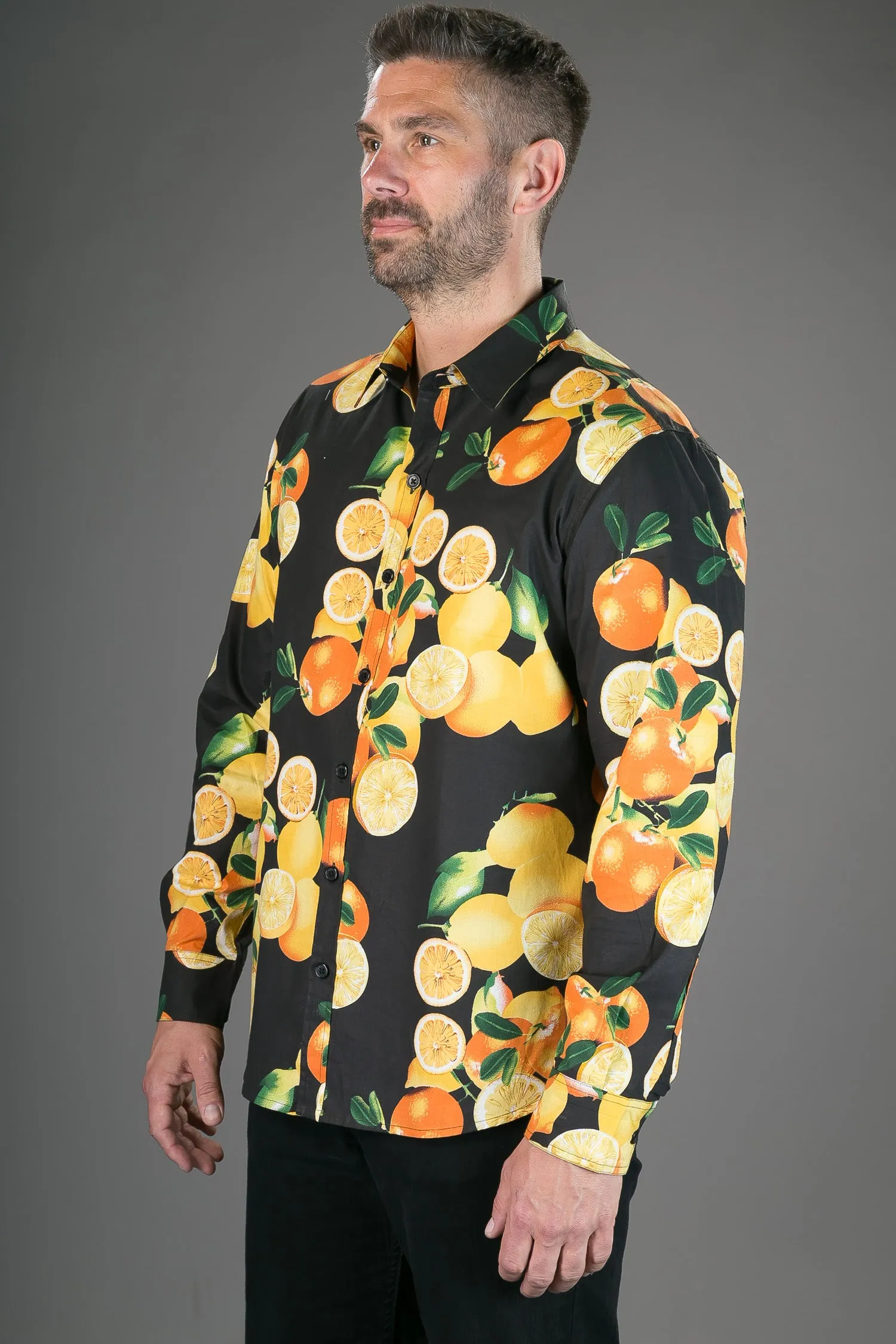 Oranges Black Print Cotton Slim Fit Mens Shirt Long Sleeve