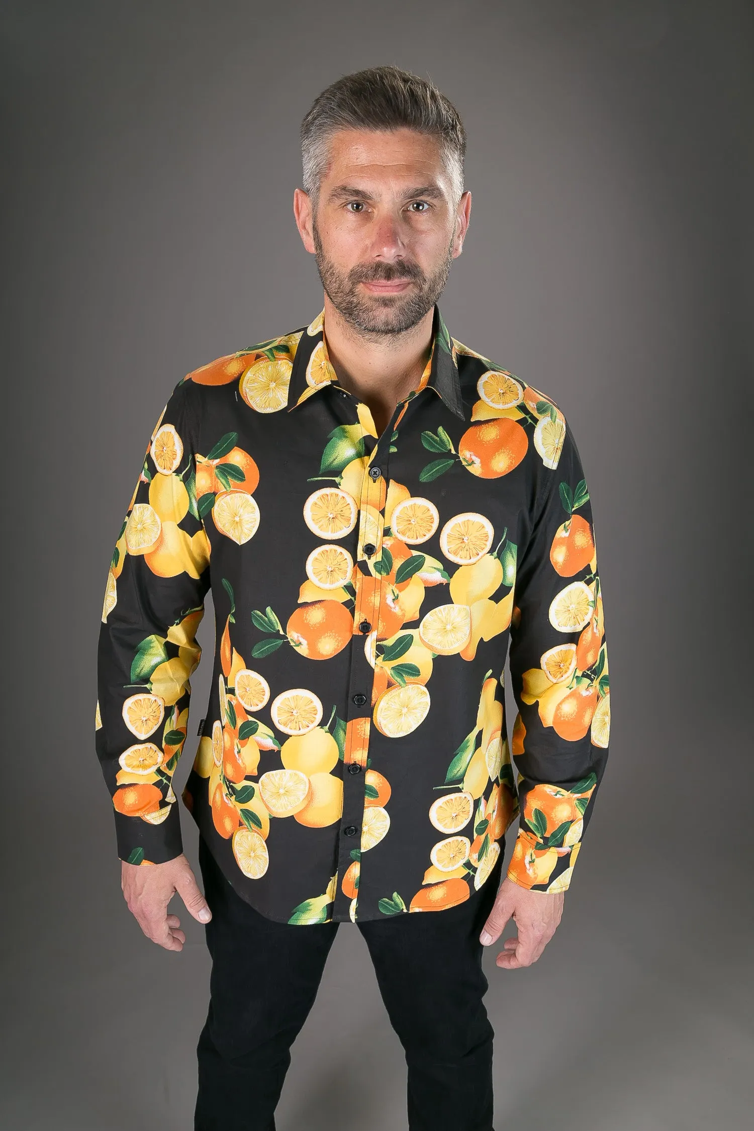 Oranges Black Print Cotton Slim Fit Mens Shirt Long Sleeve