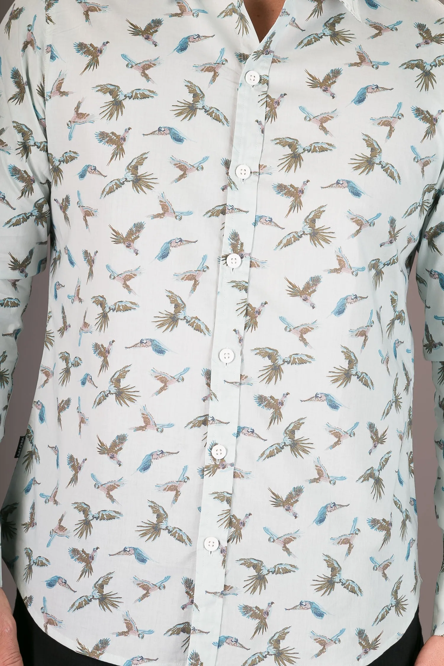 Parrots Blue Print Cotton Slim Fit Mens Shirt Long Sleeve