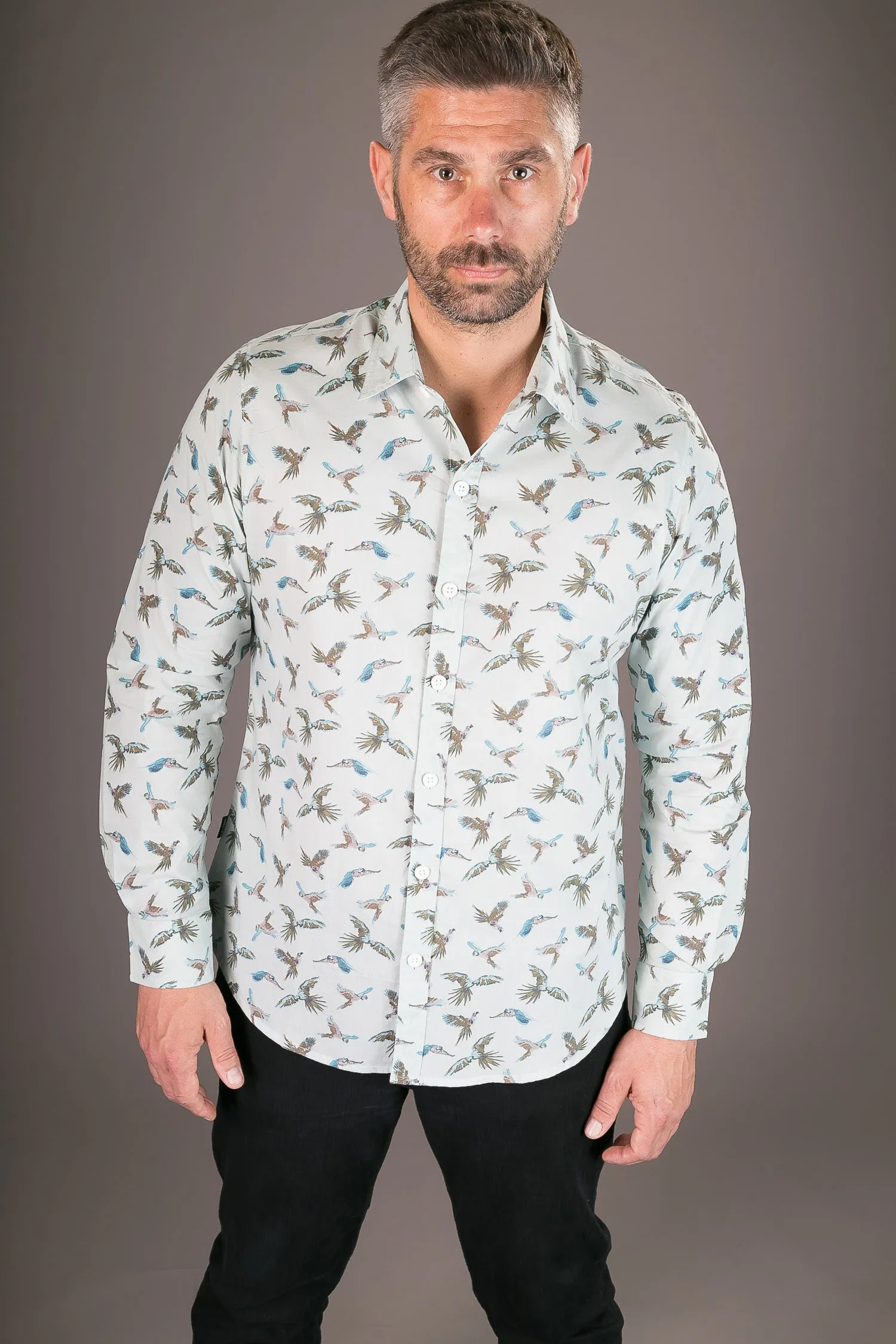 Parrots Blue Print Cotton Slim Fit Mens Shirt Long Sleeve