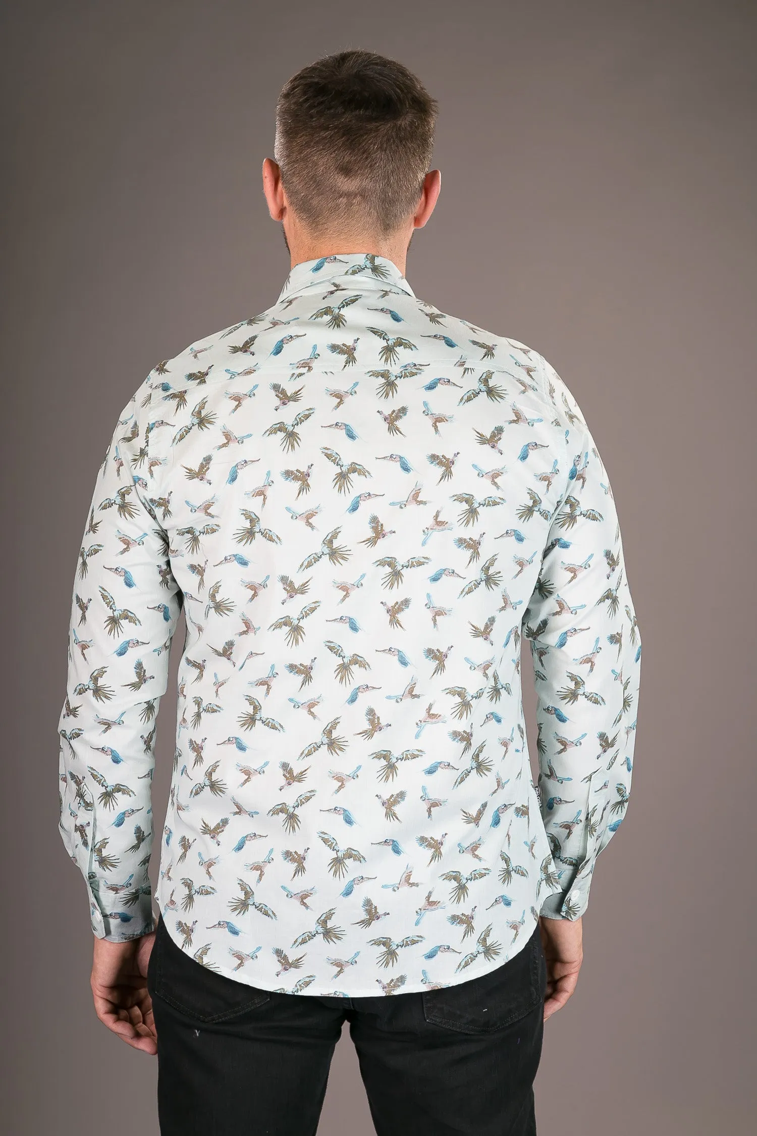 Parrots Blue Print Cotton Slim Fit Mens Shirt Long Sleeve