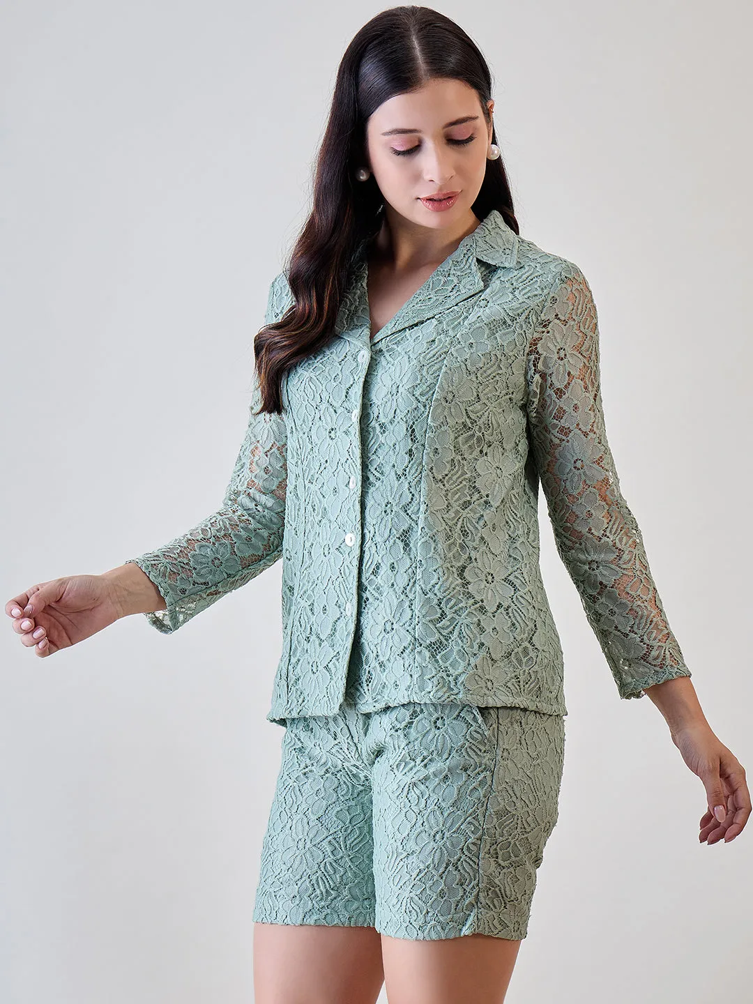 Pastel Green Delicate Floral Lace Jacket and Shorts Cord Set