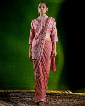 Peach Pink Embroidered Premium Net Draped Saree