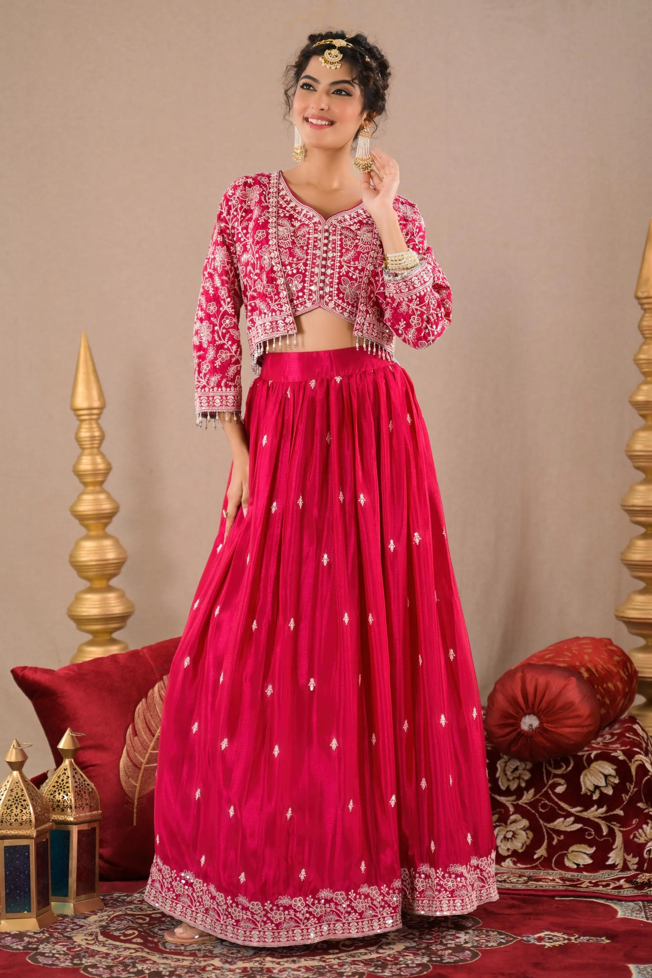 Pink Embroidered Italian Silk Jacket Skirt Set