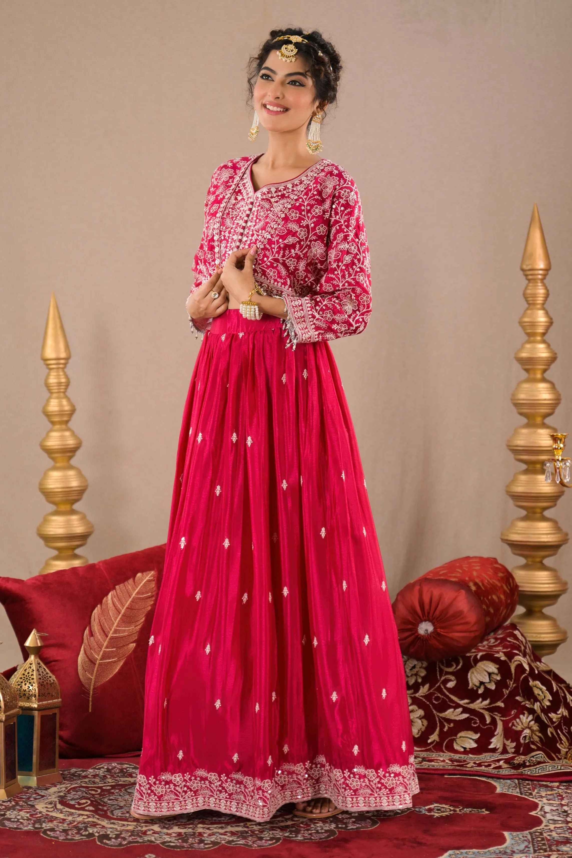 Pink Embroidered Italian Silk Jacket Skirt Set