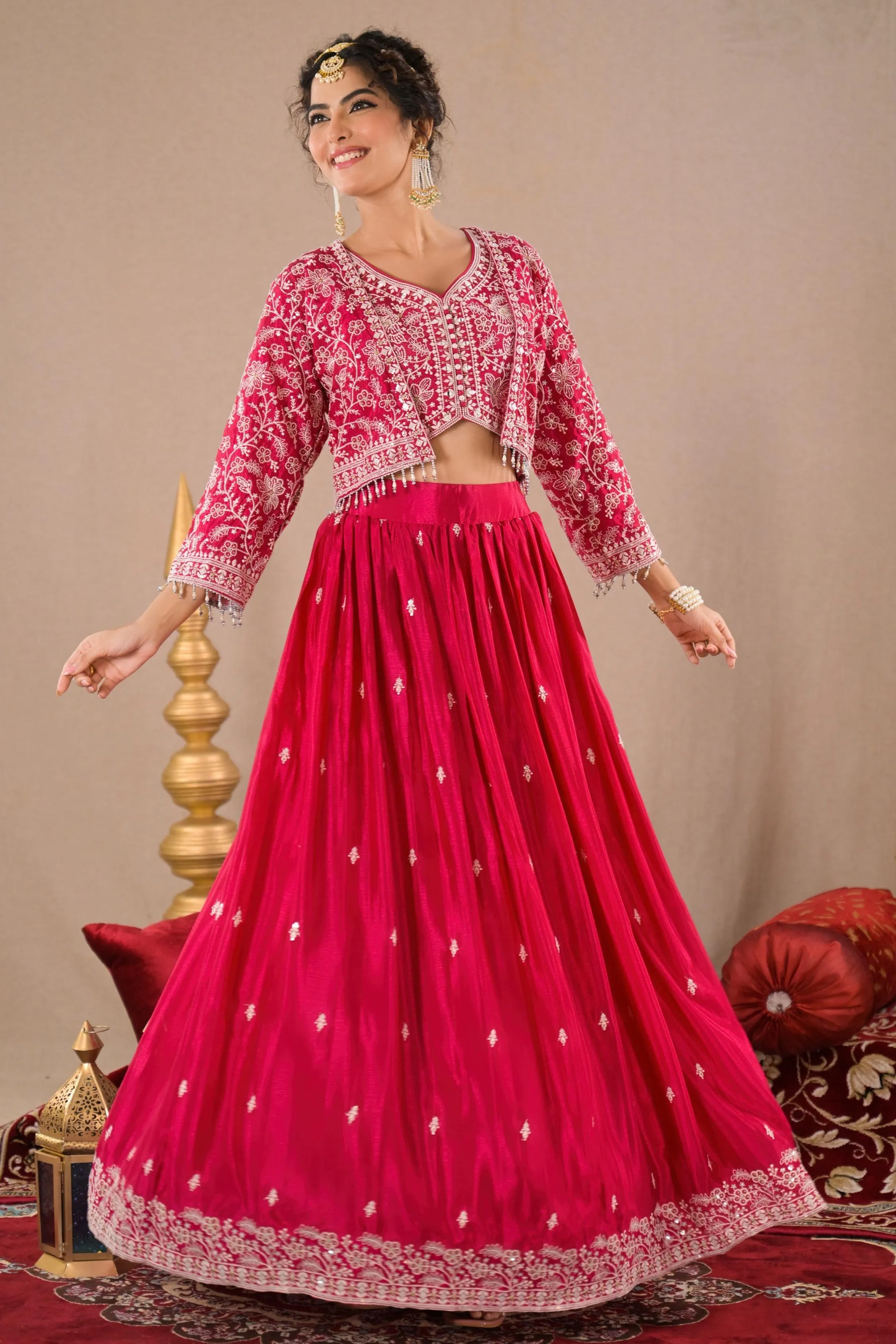 Pink Embroidered Italian Silk Jacket Skirt Set