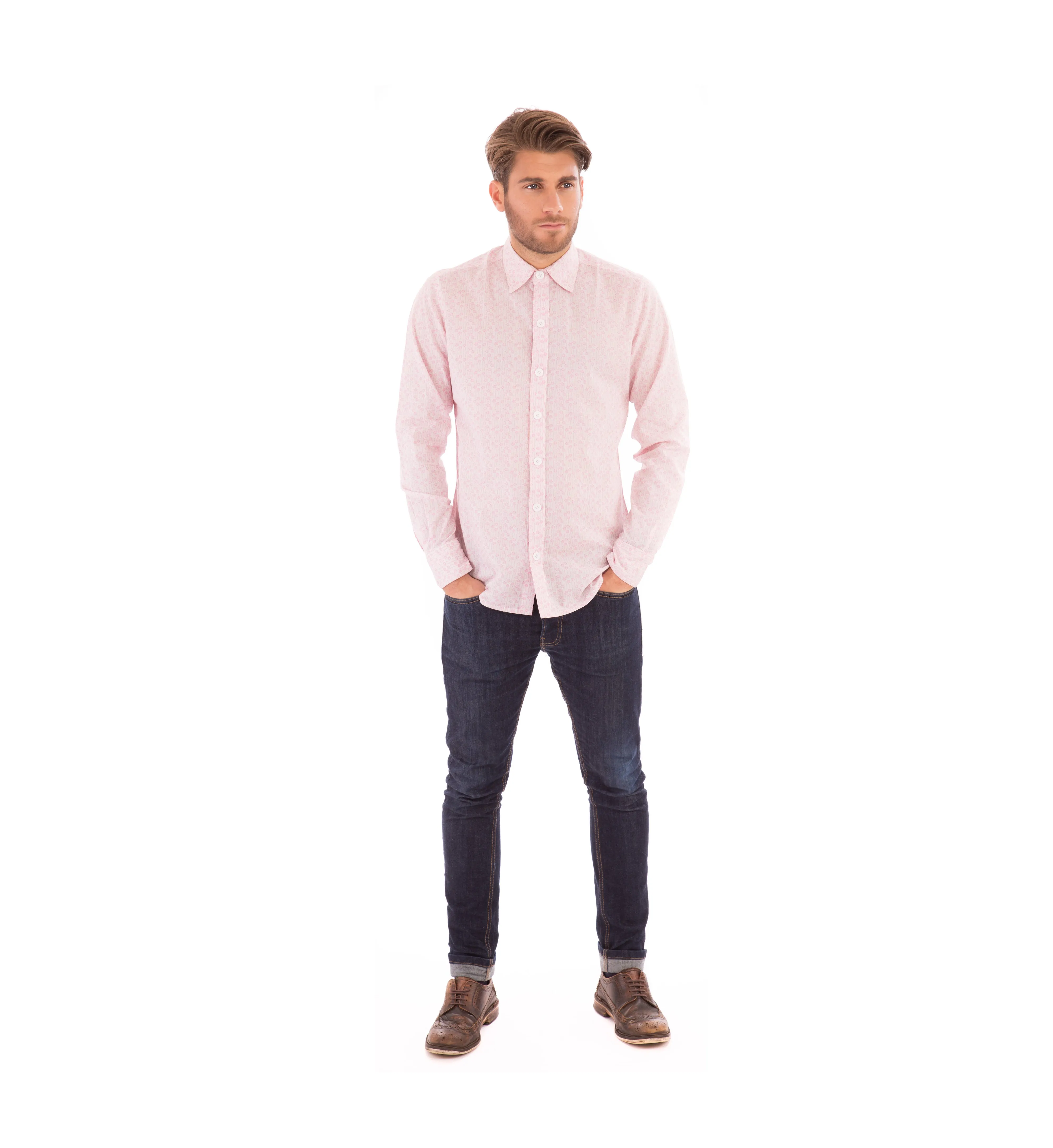 Pink Floral Print Cotton Slim Fit Mens Shirt Long Sleeve