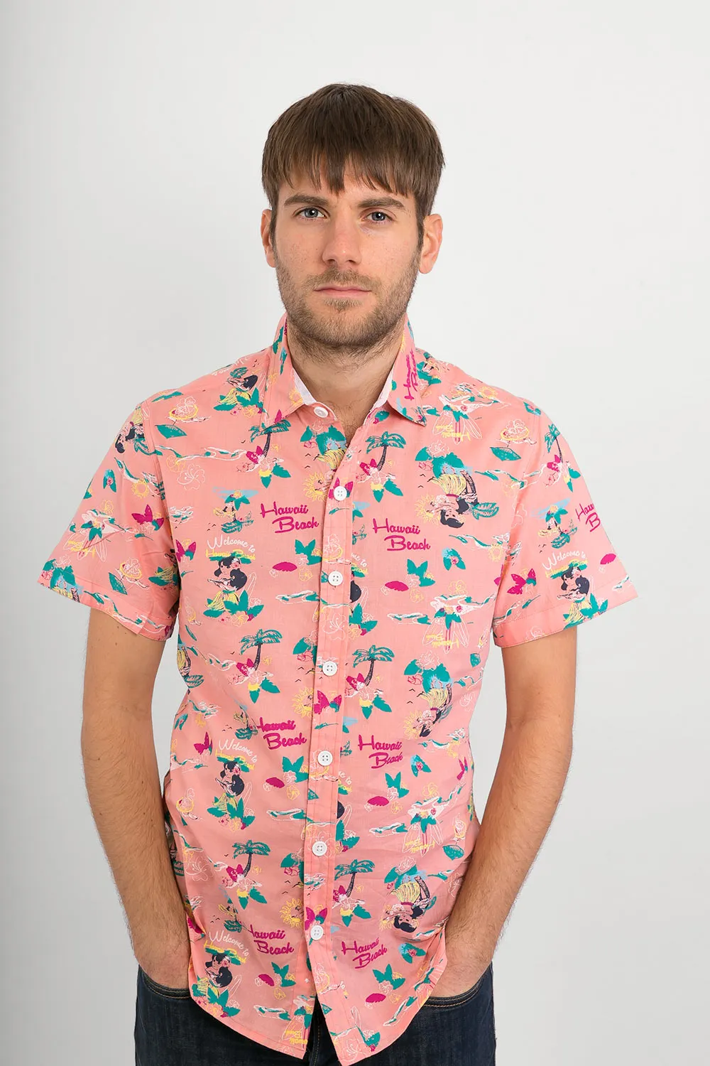 Pink Hawaii Aloha Print Cotton Slim Fit Mens Shirt Short Sleeve