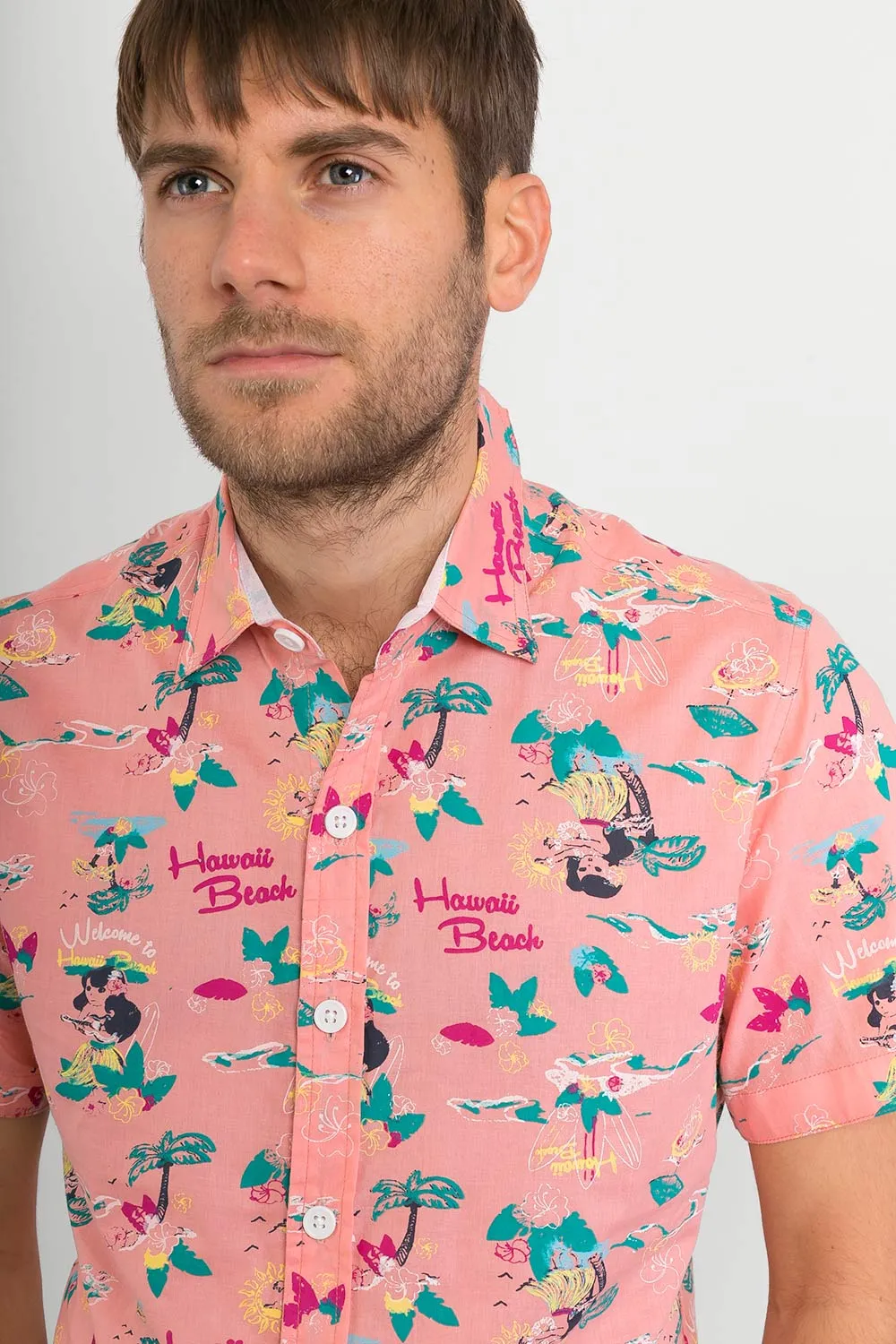 Pink Hawaii Aloha Print Cotton Slim Fit Mens Shirt Short Sleeve