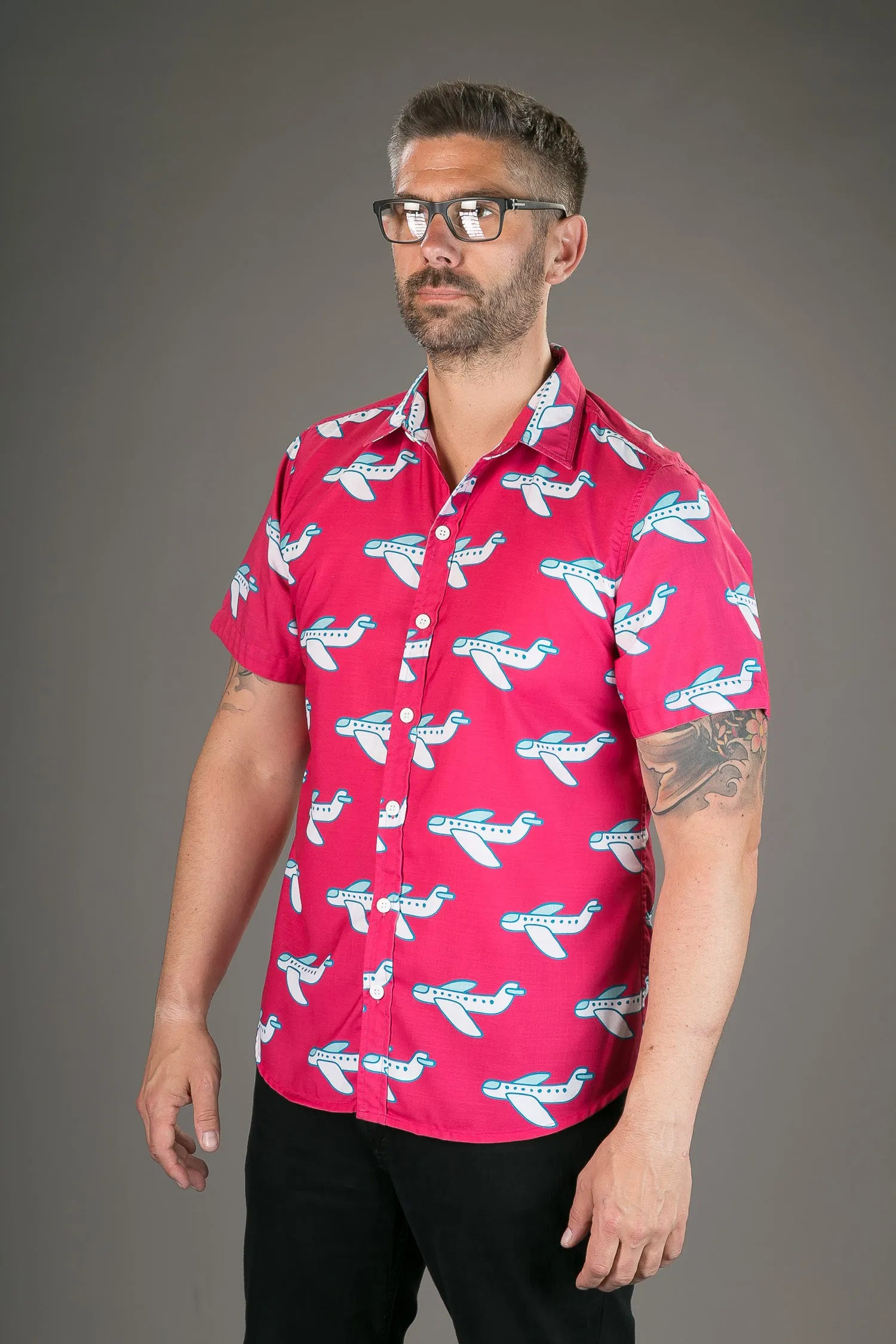 Pink White Aeroplane Print Cotton Slim Fit Mens Shirt Short Sleeve