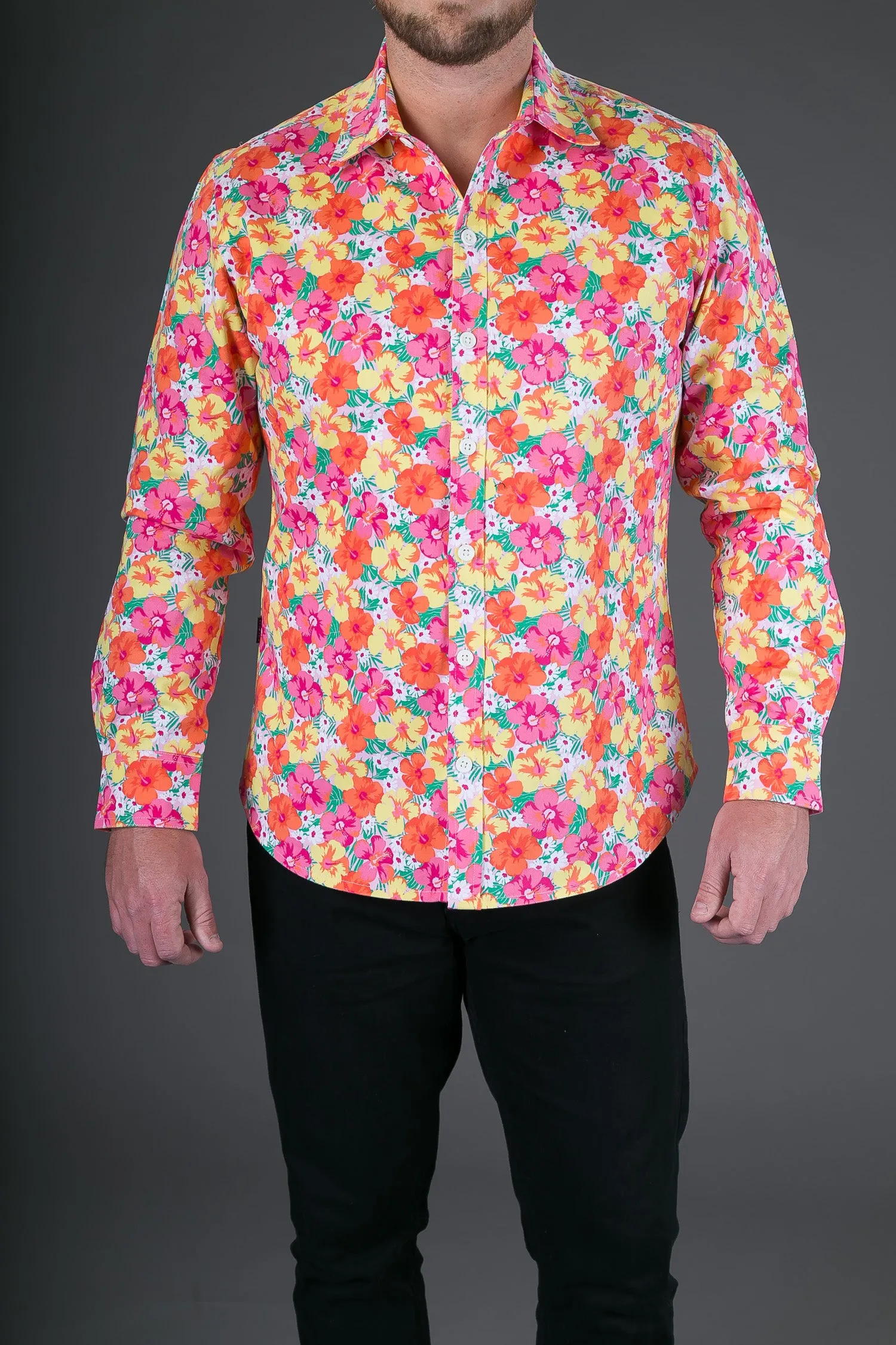 Pink Yellow Floral Print Heavy Cotton Slim Fit Mens Shirt Long Sleeve