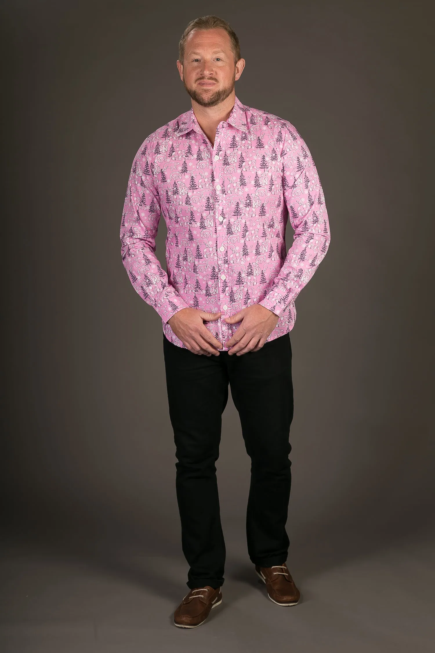 Polar Bear Pink Print Cotton Slim Fit Mens Shirt Long Sleeve