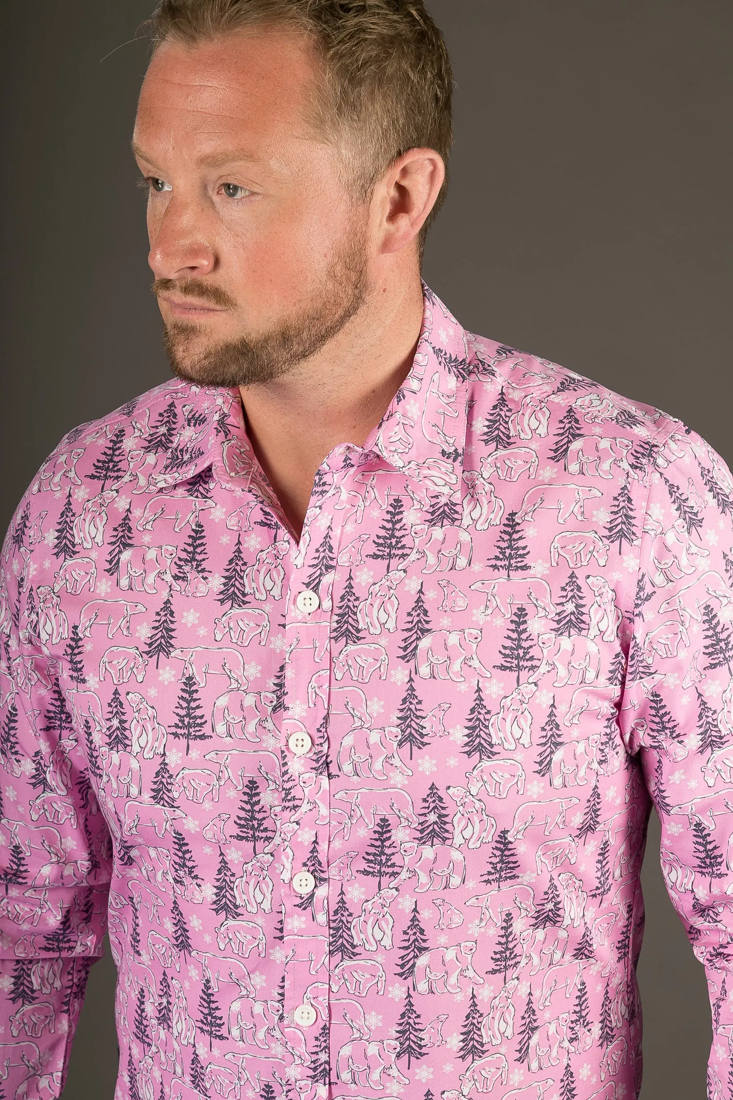 Polar Bear Pink Print Cotton Slim Fit Mens Shirt Long Sleeve