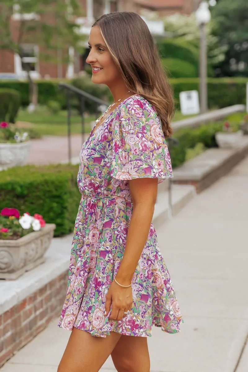 Purple Floral Print Surplice Mini Dress - FINAL SALE