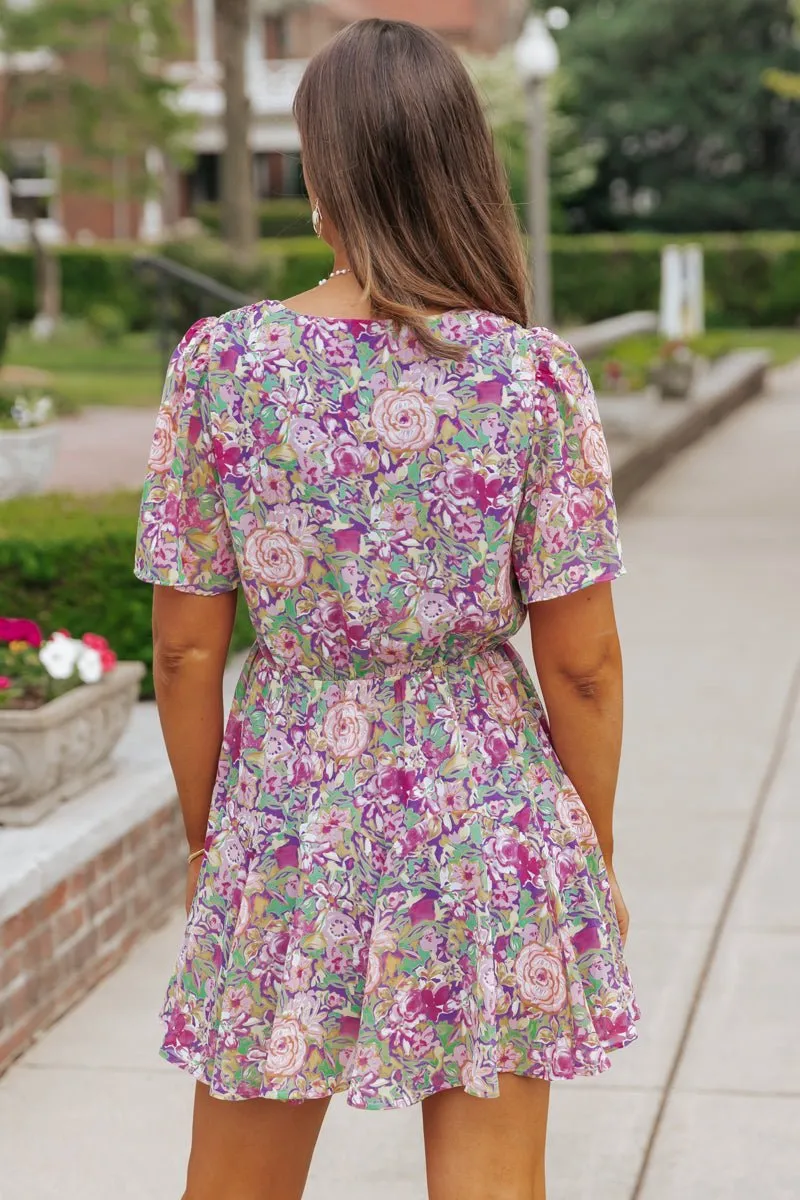 Purple Floral Print Surplice Mini Dress - FINAL SALE