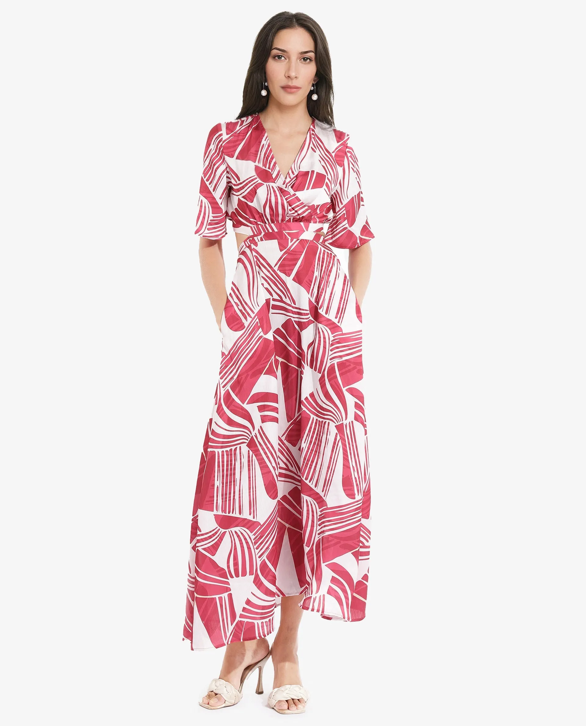 Rareism Women Colima Red Short Sleeve Over Lap Neck Fit And Flare Maxi Abstract Print Dress