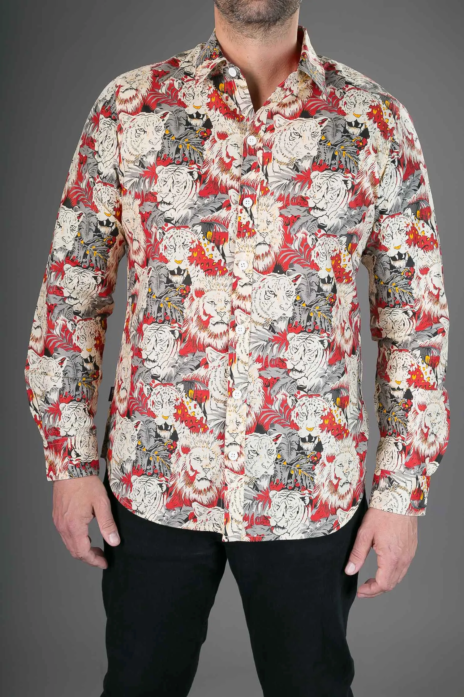 Red Lion Tiger Print Cotton Slim and Regular Fit Mens Shirt Long Sleeve