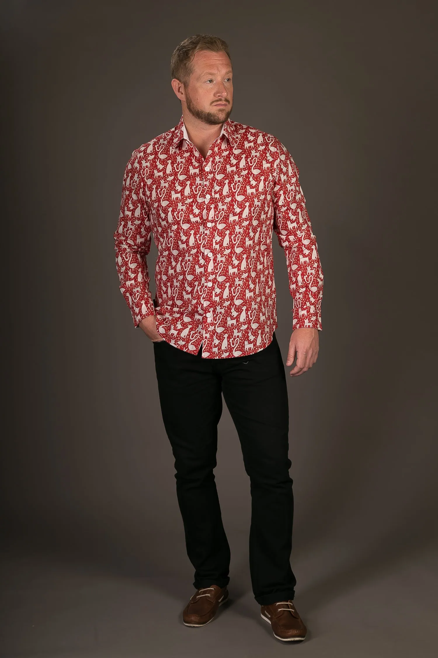 Red Rabbit Dog Swan Print Cotton Slim Fit Mens Shirt Long Sleeve