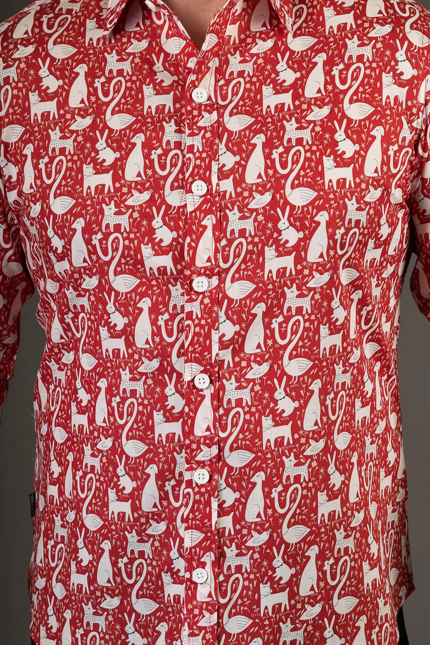 Red Rabbit Dog Swan Print Cotton Slim Fit Mens Shirt Long Sleeve