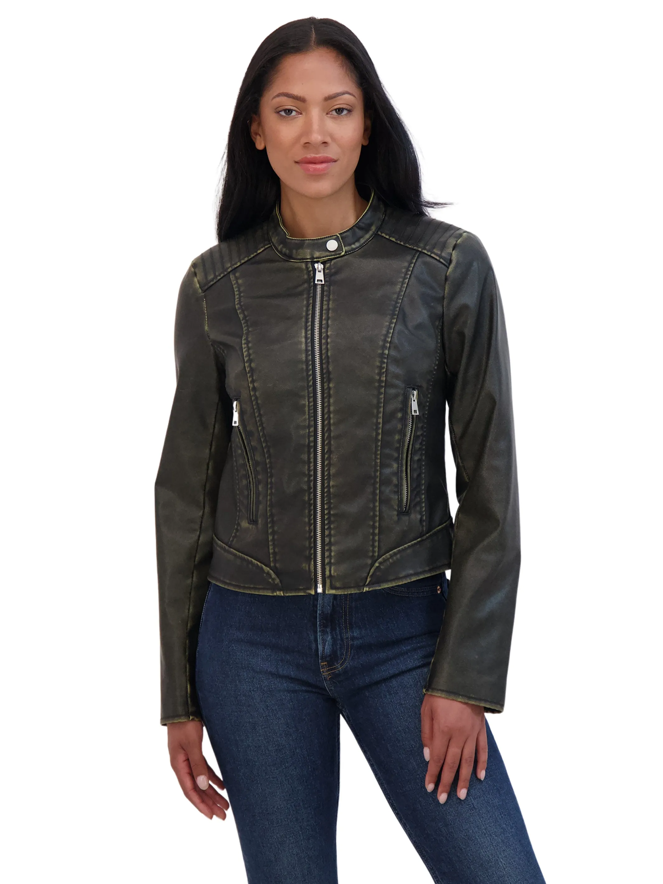 Sebby Collection Women's Distressed Faux Leather Zip Moto Front Jacket