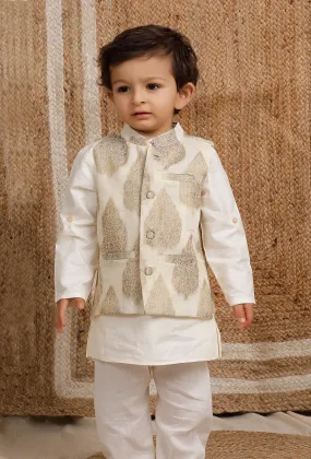 Set Of 3: Off White Cotton Silk Kurta, Pyjama & White Cream Brocade Nehru Jacket