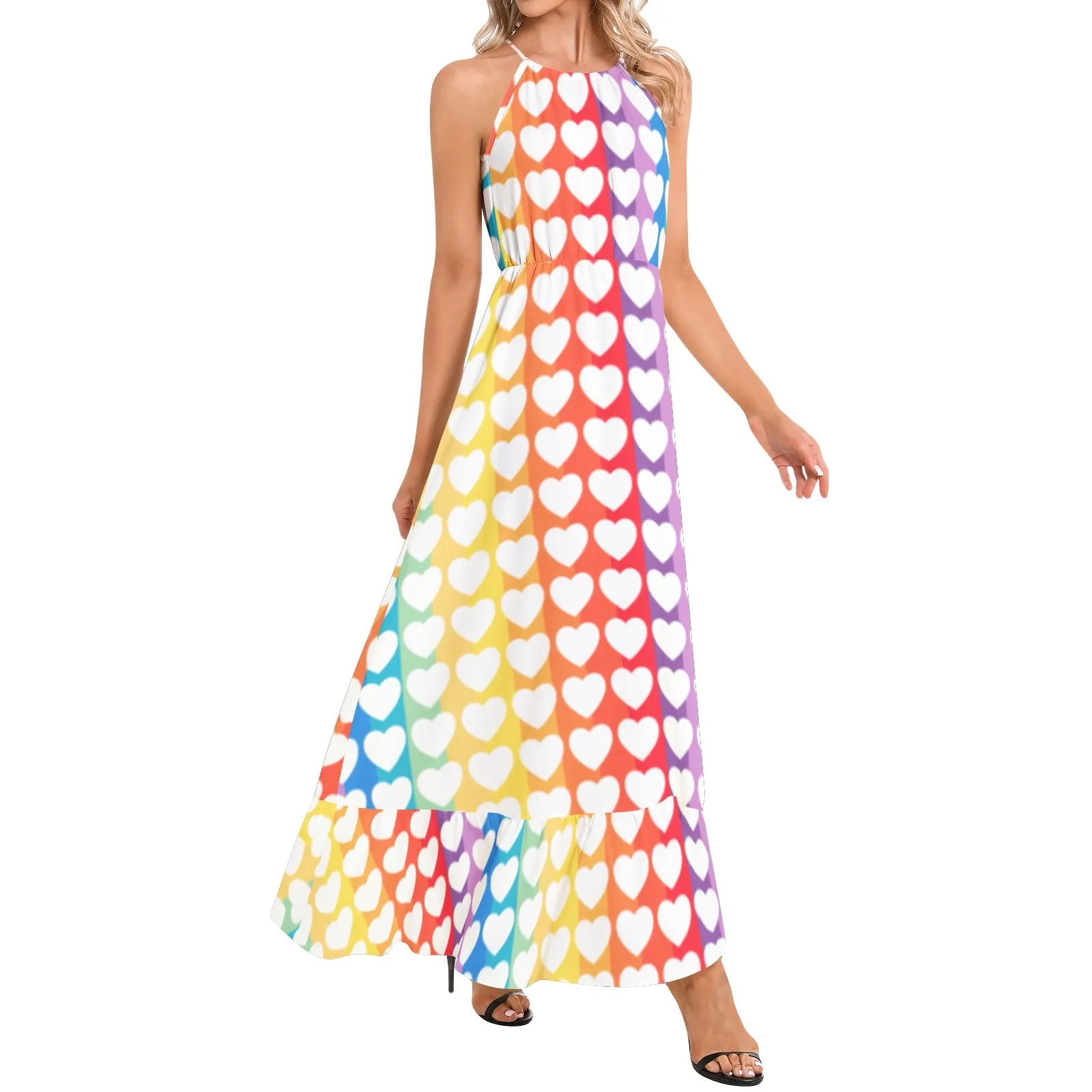 Spectral Heart Ruffle Hem Halter Neck Maxi Dress