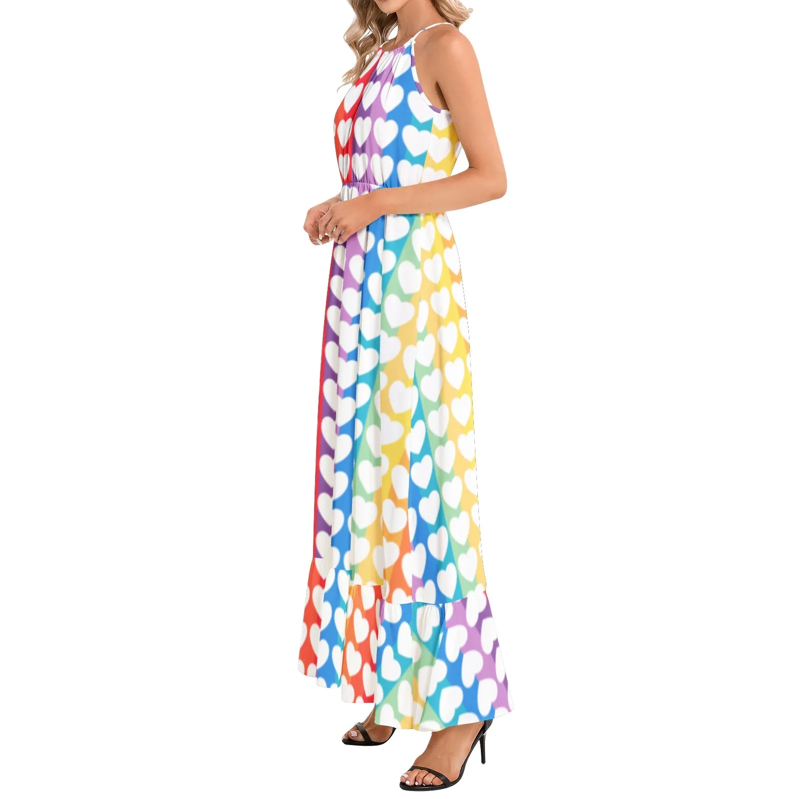 Spectral Heart Ruffle Hem Halter Neck Maxi Dress