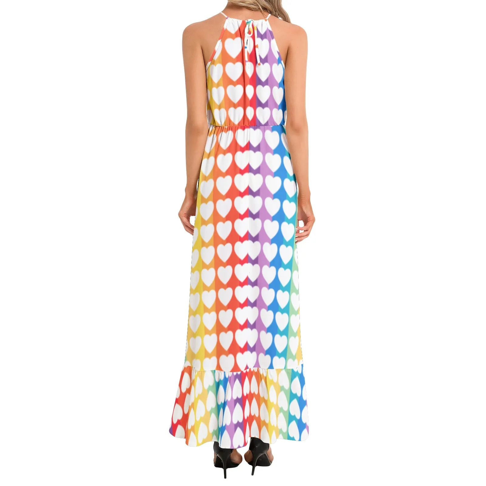 Spectral Heart Ruffle Hem Halter Neck Maxi Dress