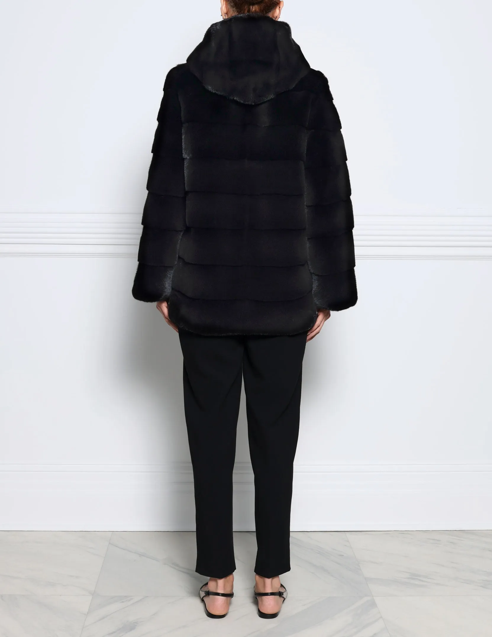 The Emery Hooded Mink Fur Jacket in Black