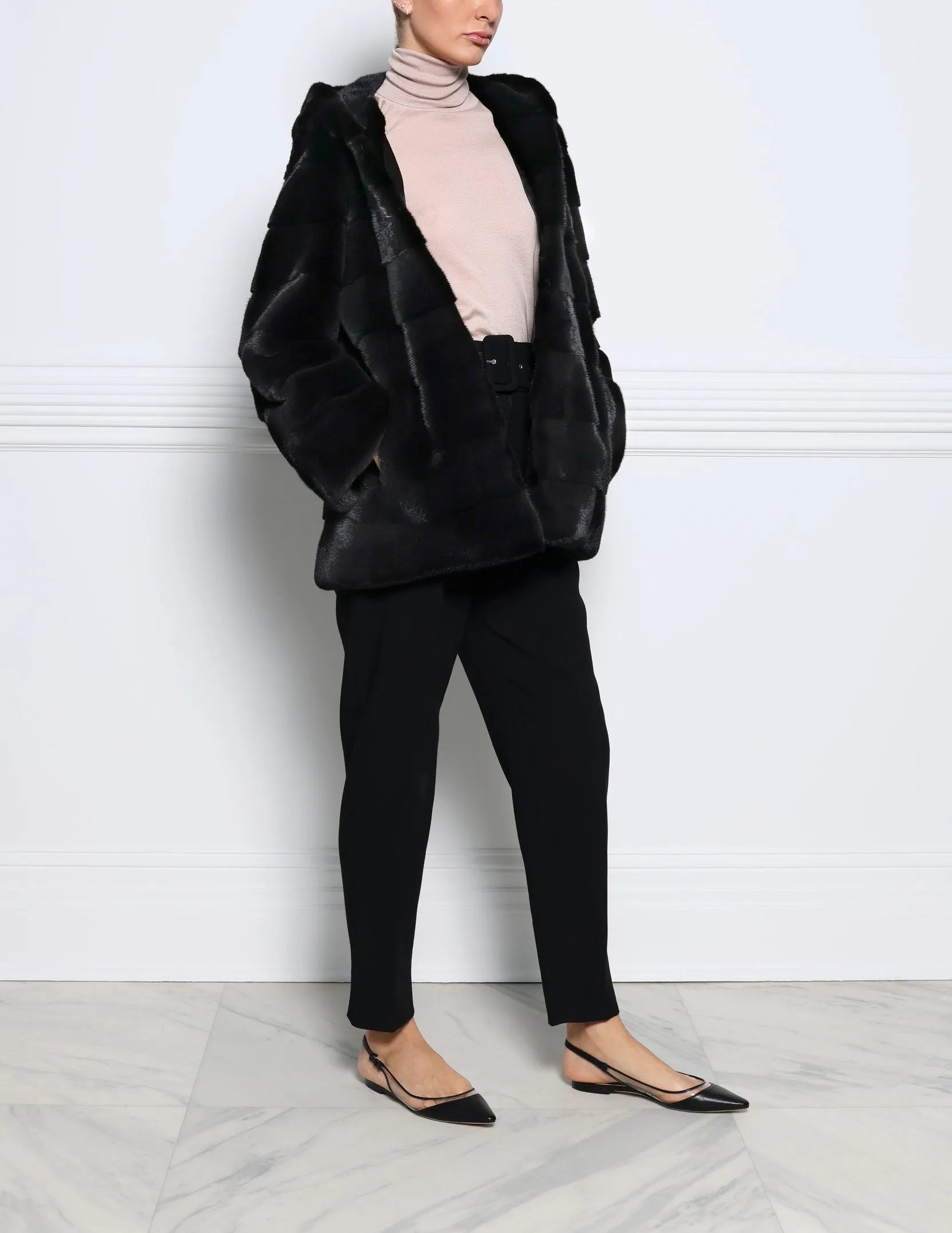 The Emery Hooded Mink Fur Jacket in Black