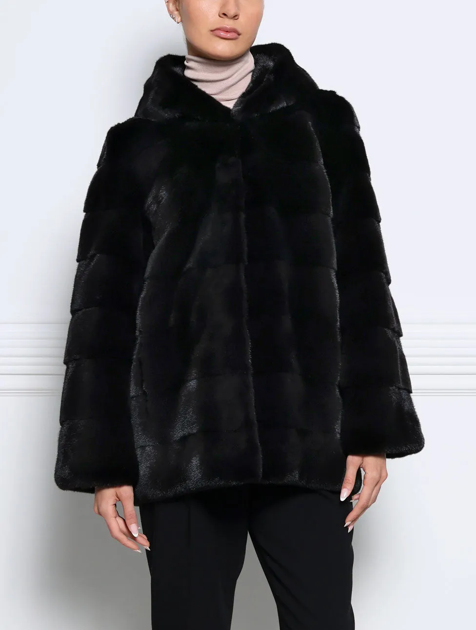 The Emery Hooded Mink Fur Jacket in Black