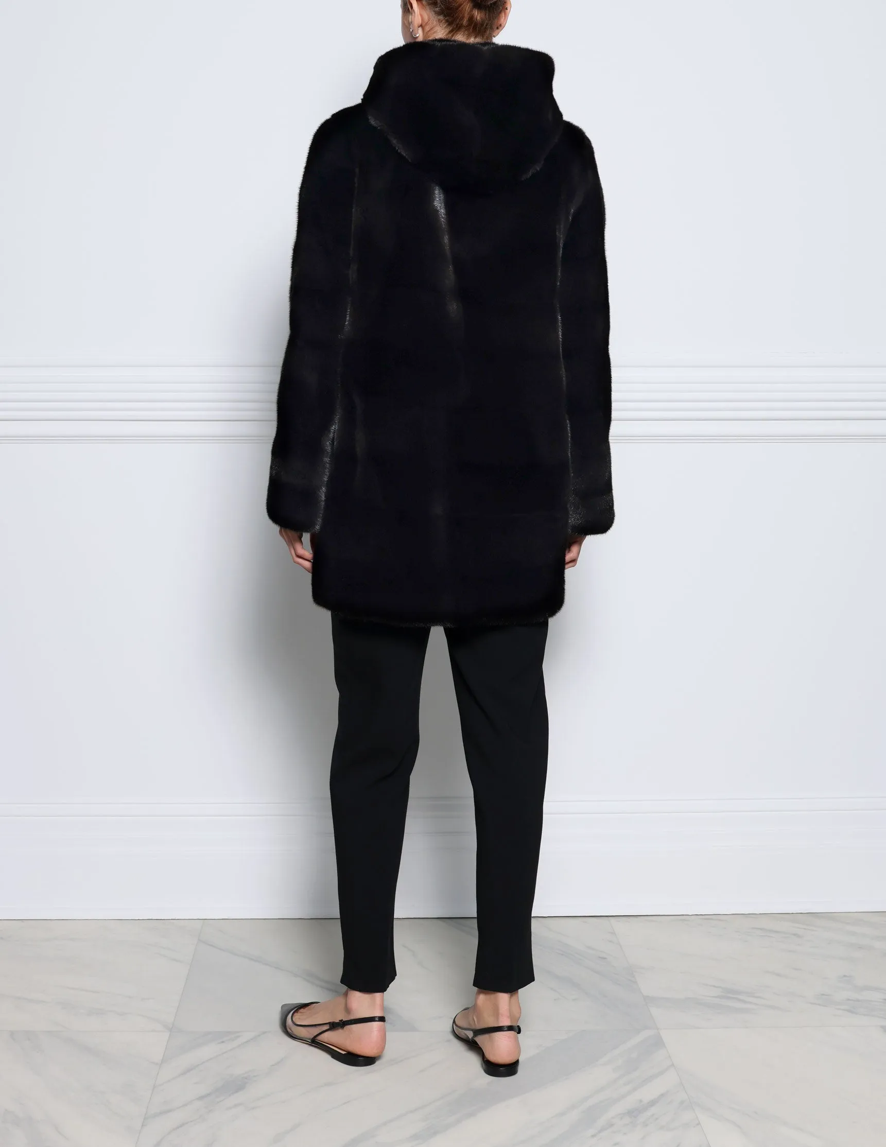 The Emery Hooded Mink Fur Jacket in Black