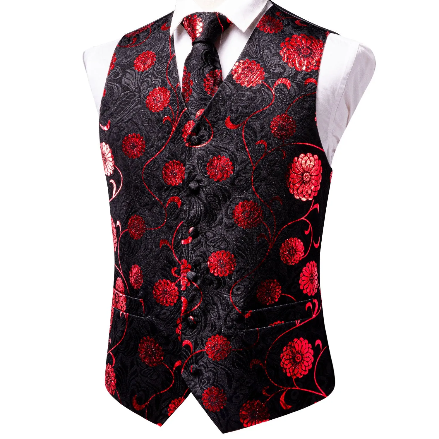 Ties2you Black Suit Vest Red Floral Men's Vest Tie Hanky Cufflinks Set Fashion