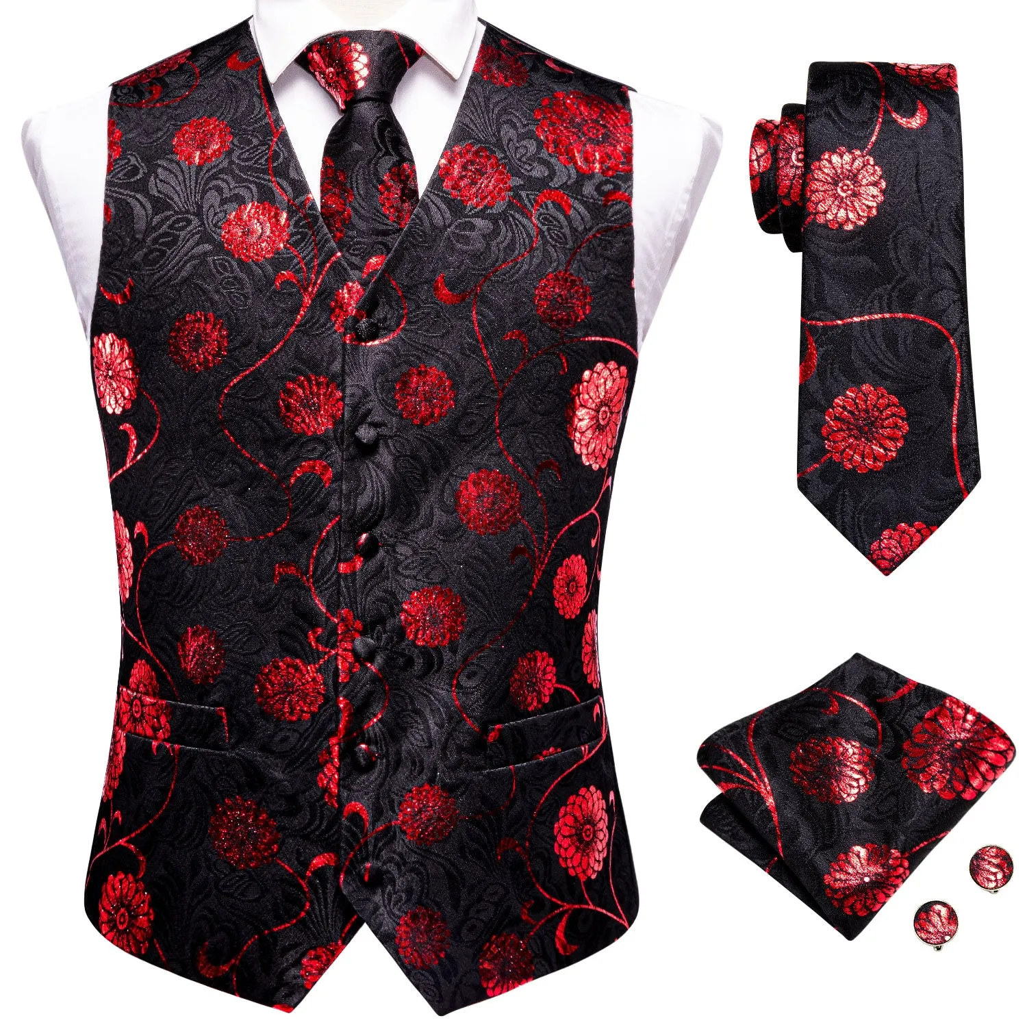 Ties2you Black Suit Vest Red Floral Men's Vest Tie Hanky Cufflinks Set Fashion