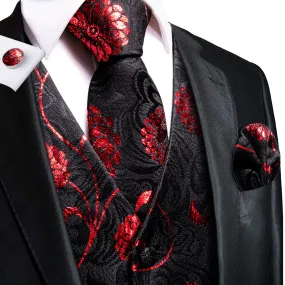 Ties2you Black Suit Vest Red Floral Men's Vest Tie Hanky Cufflinks Set Fashion