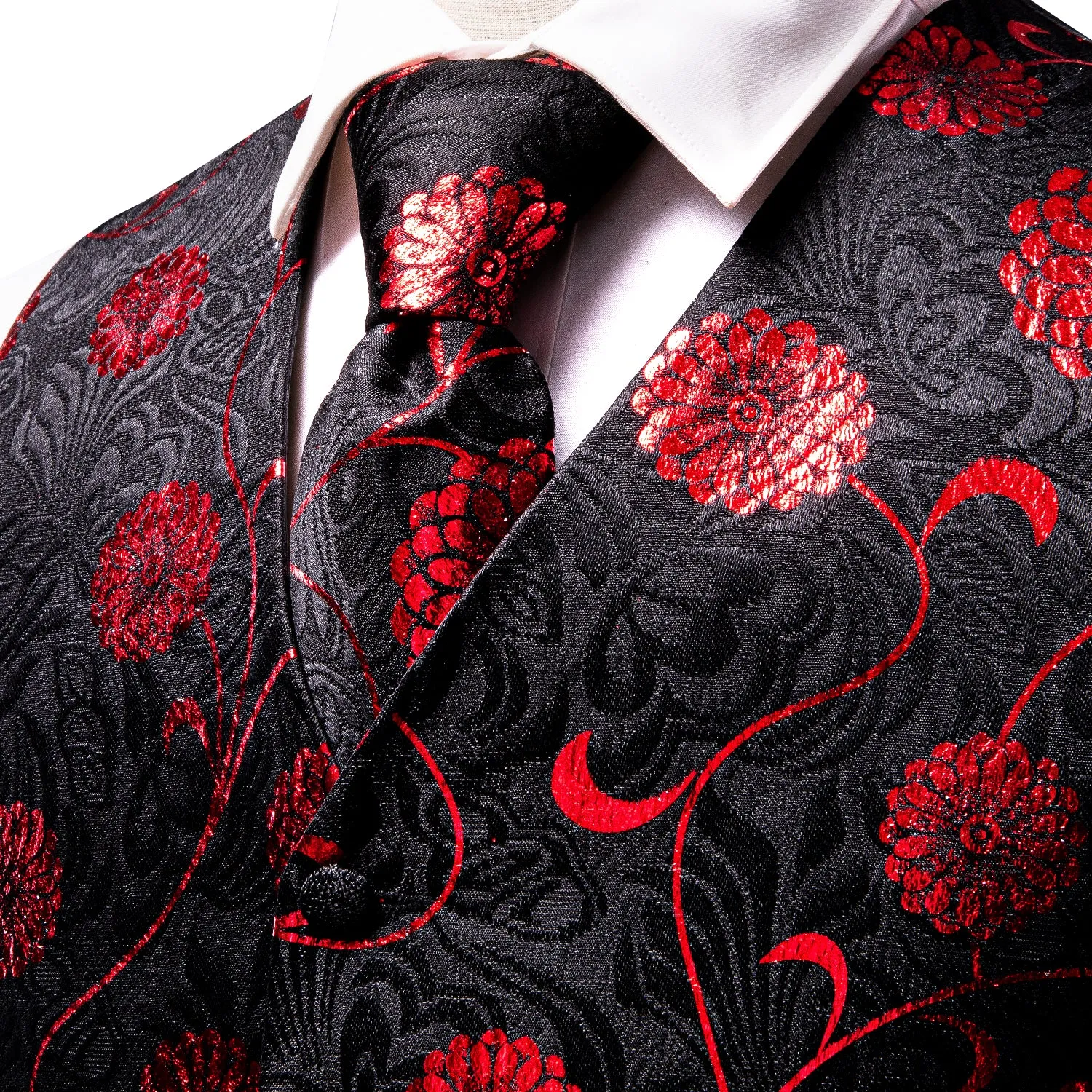 Ties2you Black Suit Vest Red Floral Men's Vest Tie Hanky Cufflinks Set Fashion