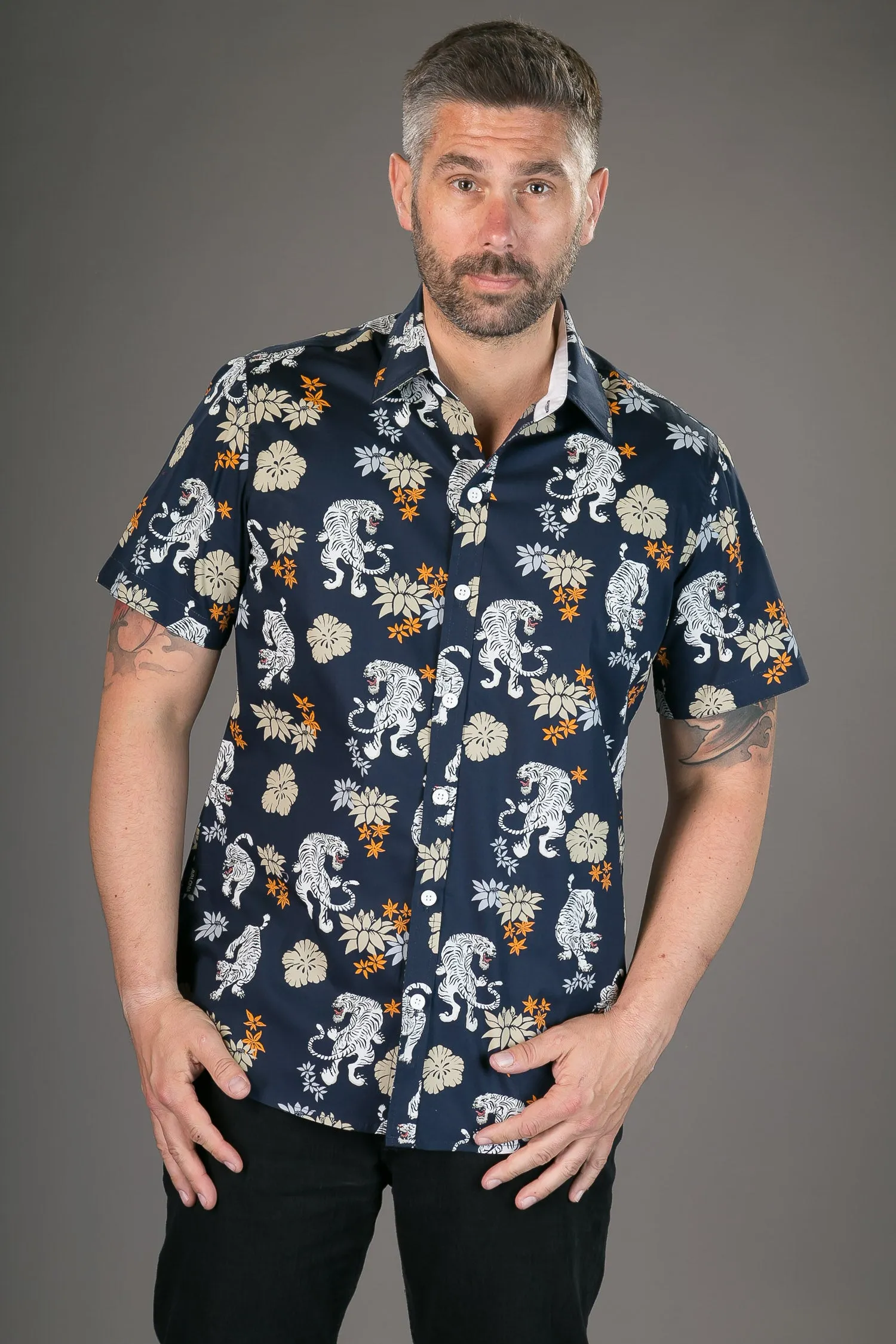 Tigers Floral Print Blue Cotton Slim-Fit Short-Sleeve Mens Shirt