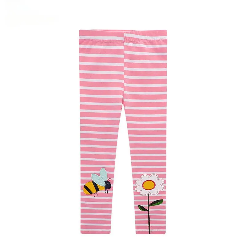 Toddler/Kid Girl's Bee and Sunflower Design Pink and White Striped Leggings