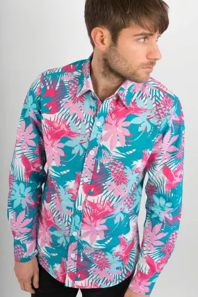 Tropical Bird Print Cotton Slim Fit Mens Shirt Long Sleeve