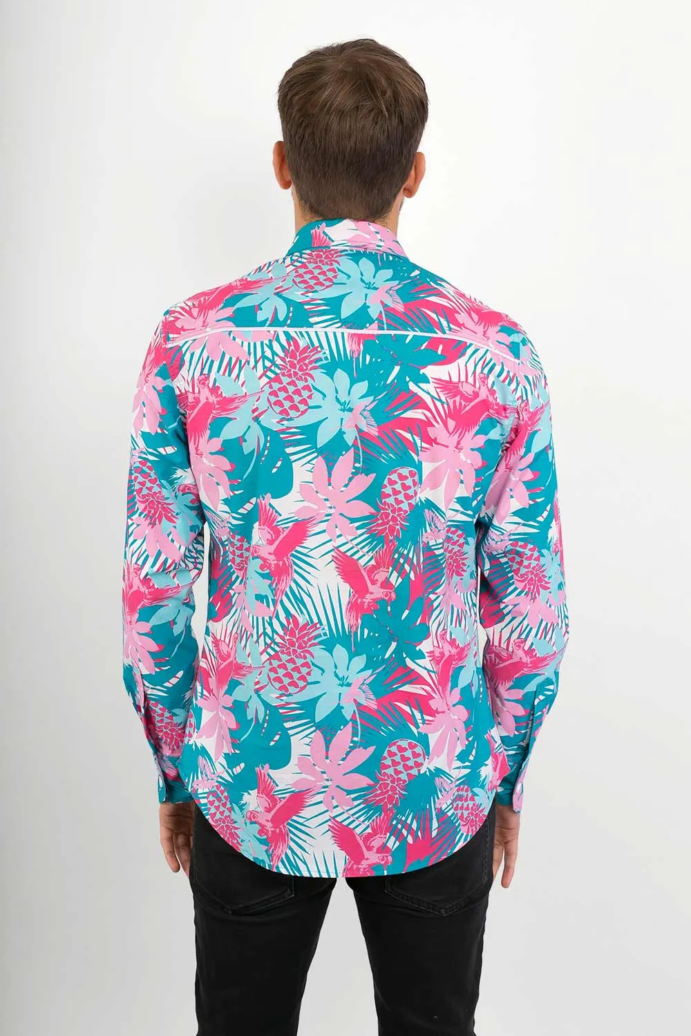 Tropical Bird Print Cotton Slim Fit Mens Shirt Long Sleeve