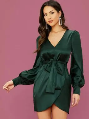 V-neck Lantern Sleeve Wrap Belted Satin Dress