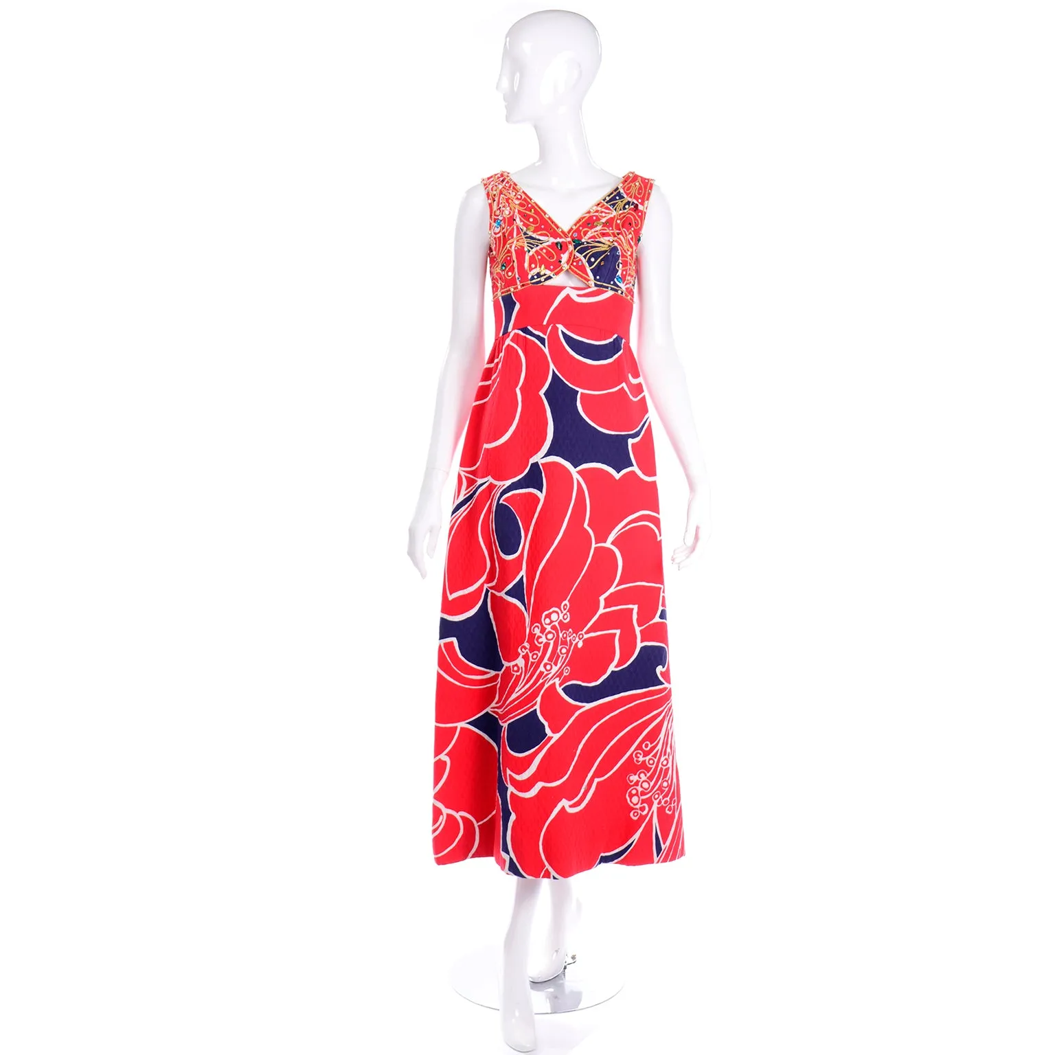 Vintage Bonwit Teller Red and Blue Maxi Dress With Rhinestones & Cut Out