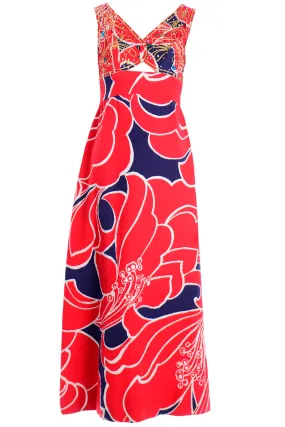 Vintage Bonwit Teller Red and Blue Maxi Dress With Rhinestones & Cut Out