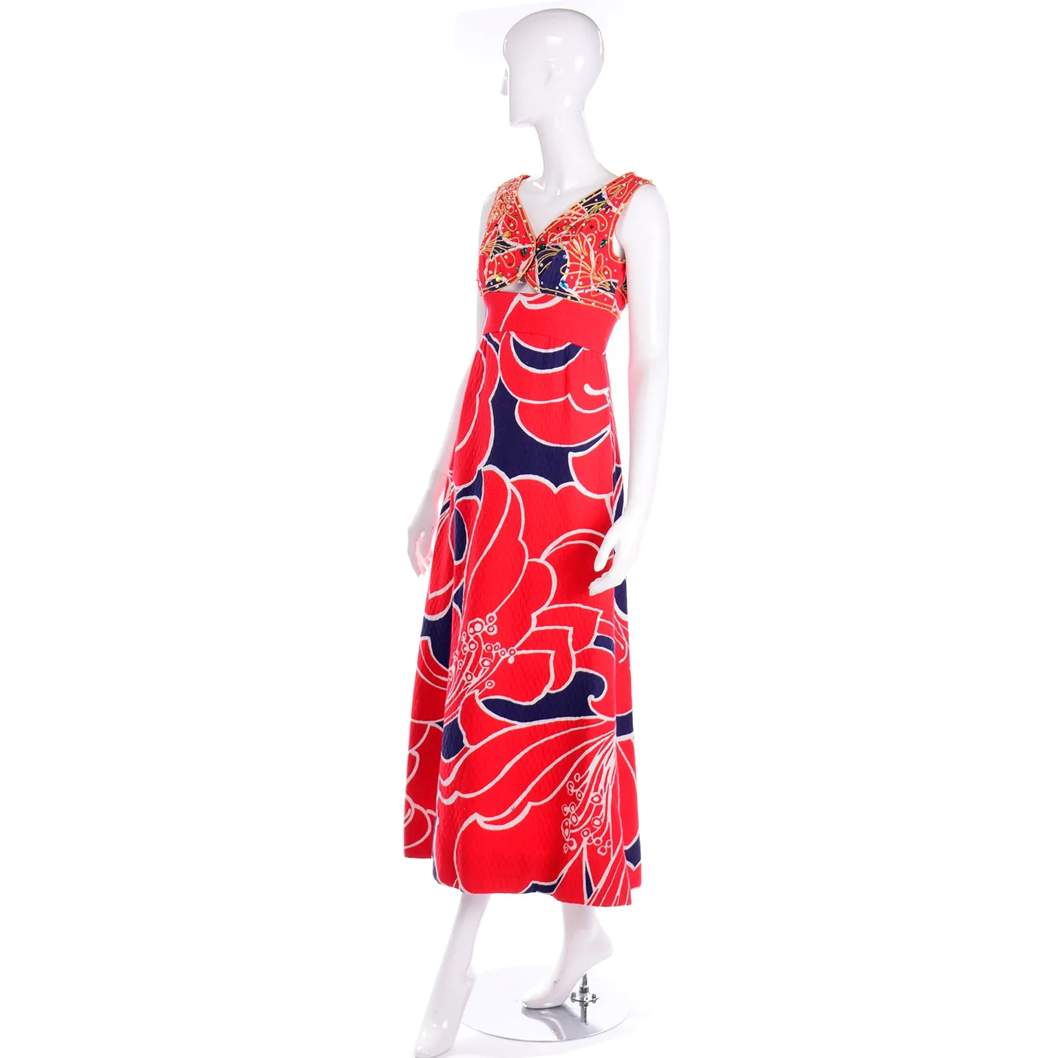 Vintage Bonwit Teller Red and Blue Maxi Dress With Rhinestones & Cut Out