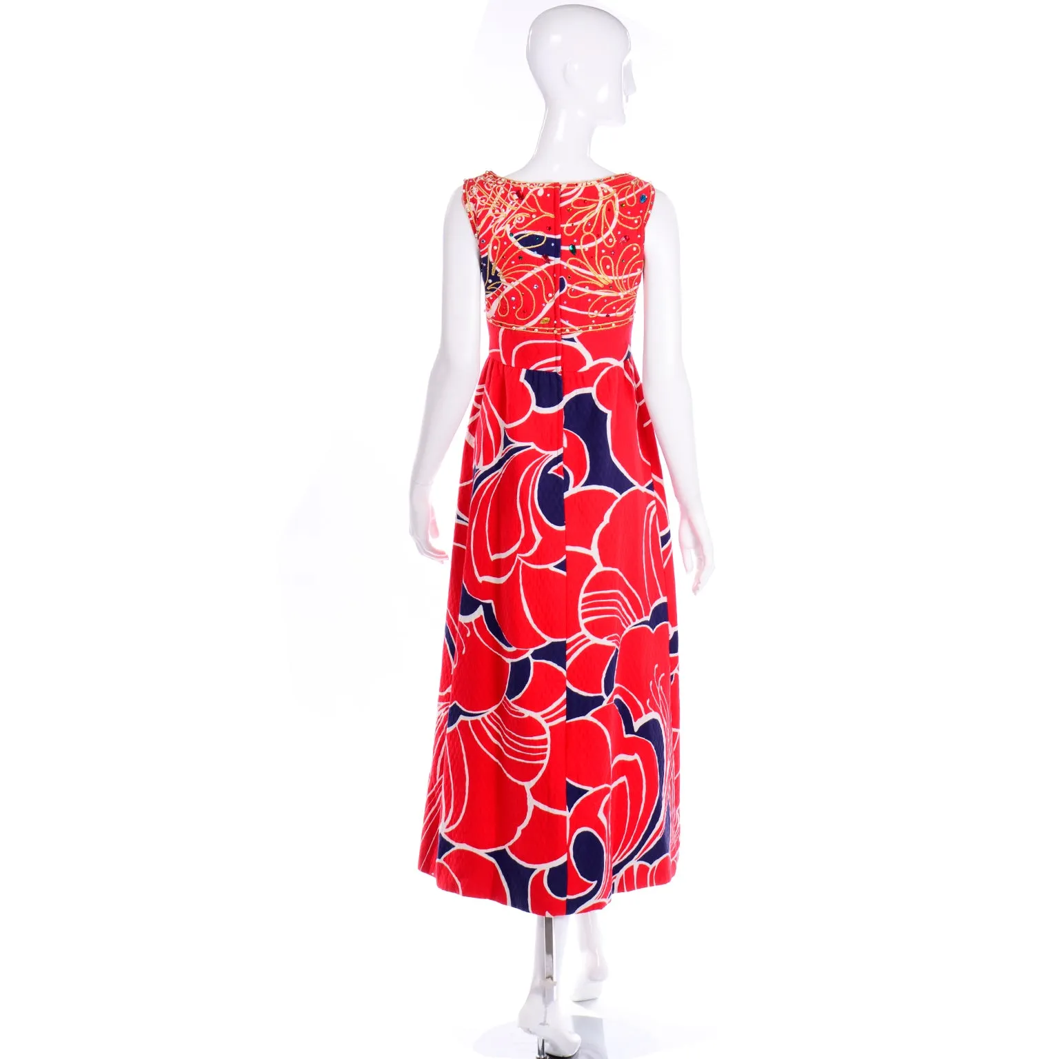 Vintage Bonwit Teller Red and Blue Maxi Dress With Rhinestones & Cut Out