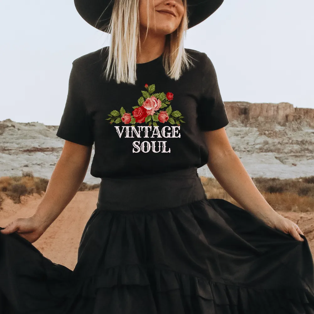 Vintage Soul T Shirt, Unisex Retro Vintage Shirt, Gift for Her T Shirt Vintage Roses Shirt Boho Hippie Black or White T Shirt