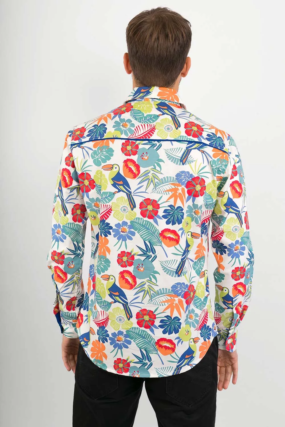 White Tropical Print Cotton Slim Fit Mens Shirt Long Sleeve