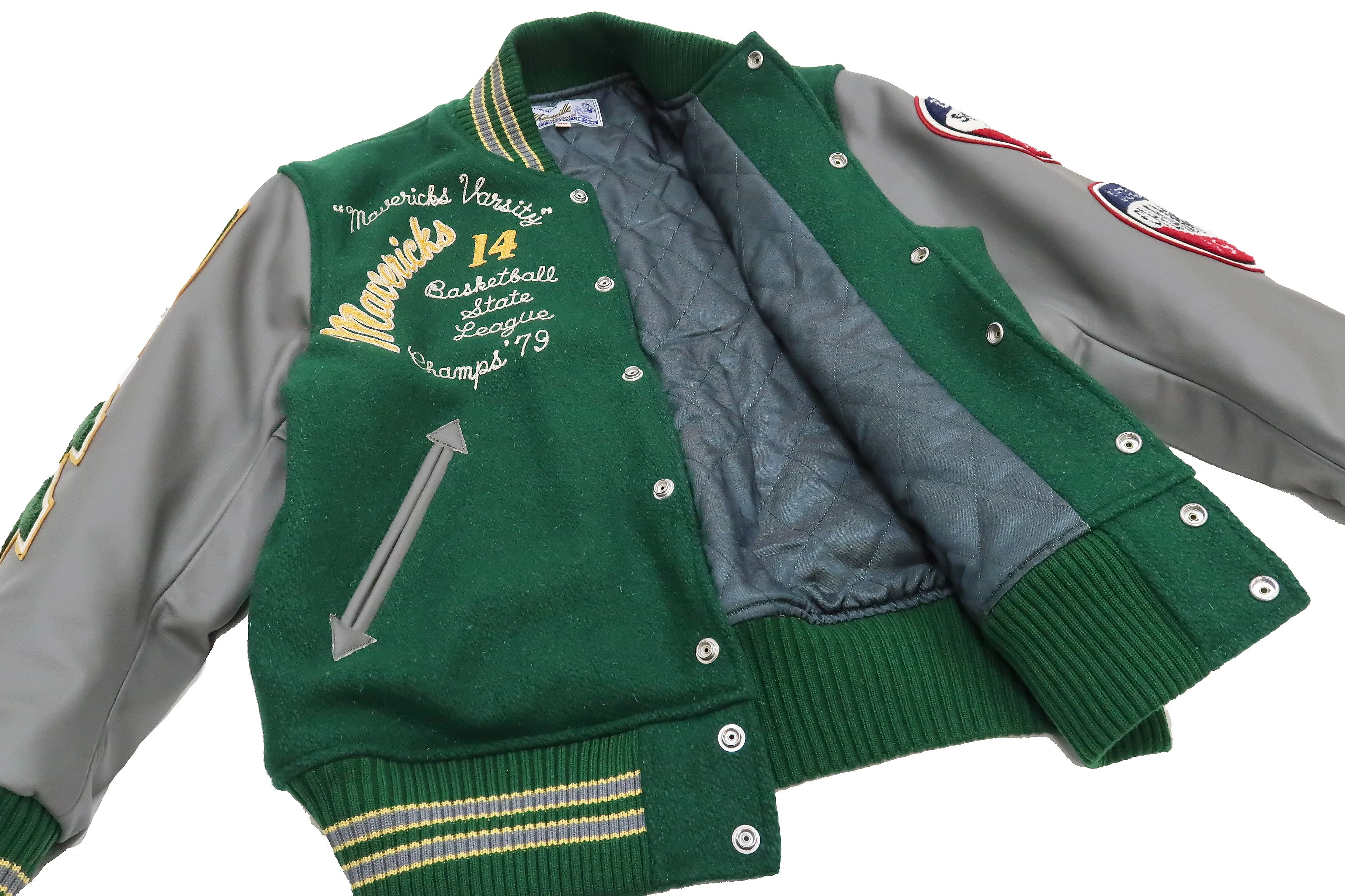 Whitesville Varsity Jacket Men's Letterman Jacket Melton x Leather Award Jacket WV15166 WV15166-145 Green x Gray MAVERICKS